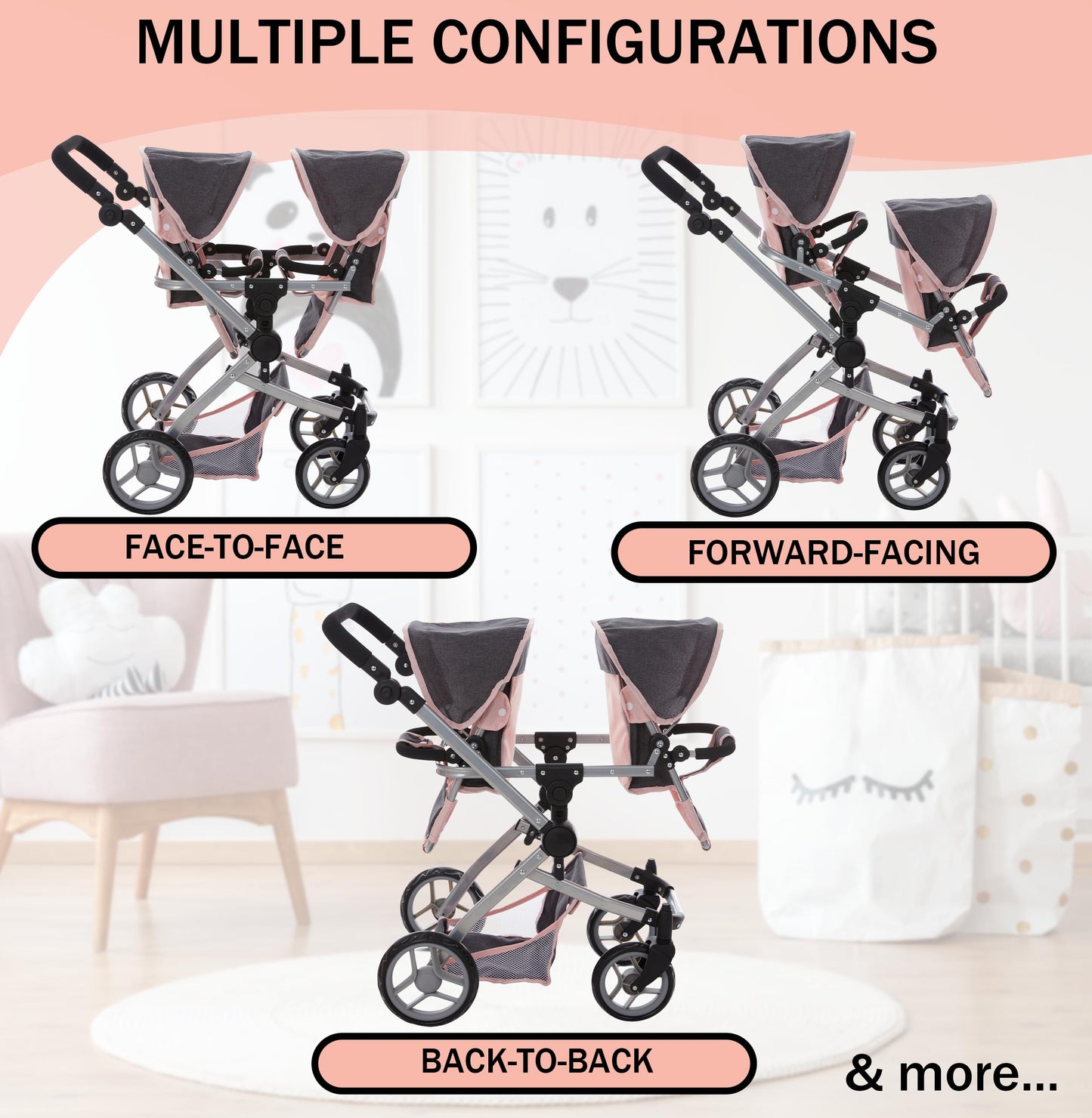Dolls To Play Baby Doll Double Stroller, Twin Pink Pram Buggy Pretend Play For Girls, High Adjustable Handle Rotating Wheels Sto