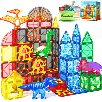 Dinosaur Toys Magnetic Tiles Lava Dinosaur World Starter Set - Kids Magnetic Building Blocks for Boys & Girls STEM Sensory Monte