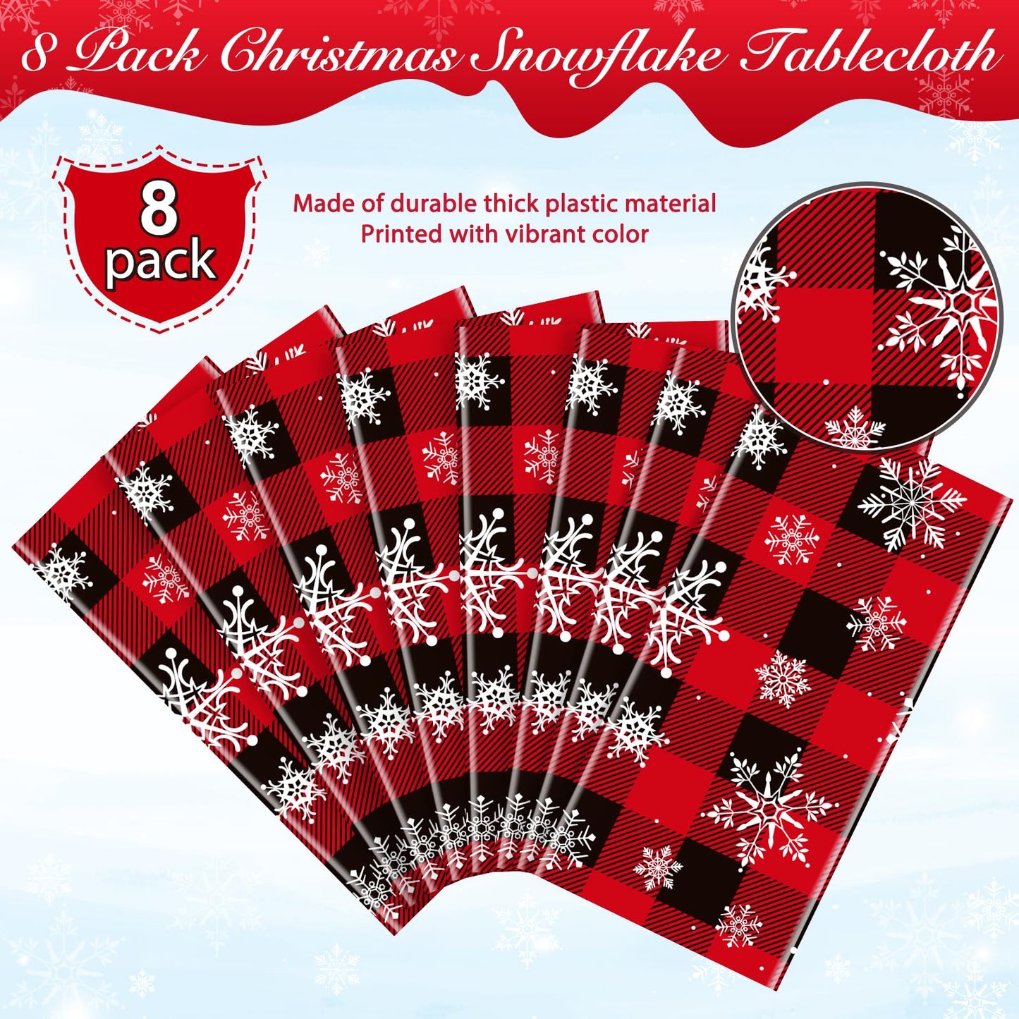 8 Pieces Red and Black Buffalo Plaid Merry Christmas Party Tablecloth Decorations,Plastic White Snowflake Buffalo Plaid Sign Tab