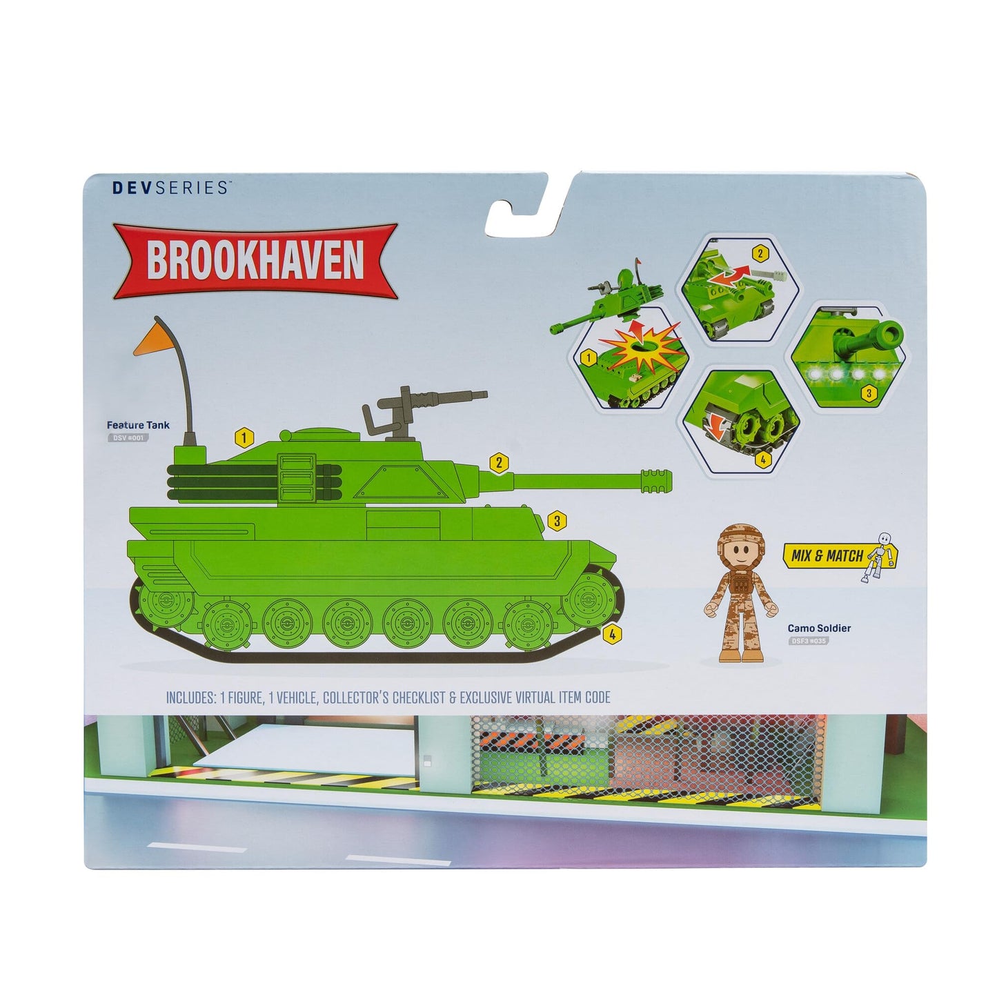 DevSeries Brookhaven Feature Tank - 7.5-Inch Vehicle with Lights, Working Treads, Ejecting Turret, 2.75-Inch Figure, and Exclusi