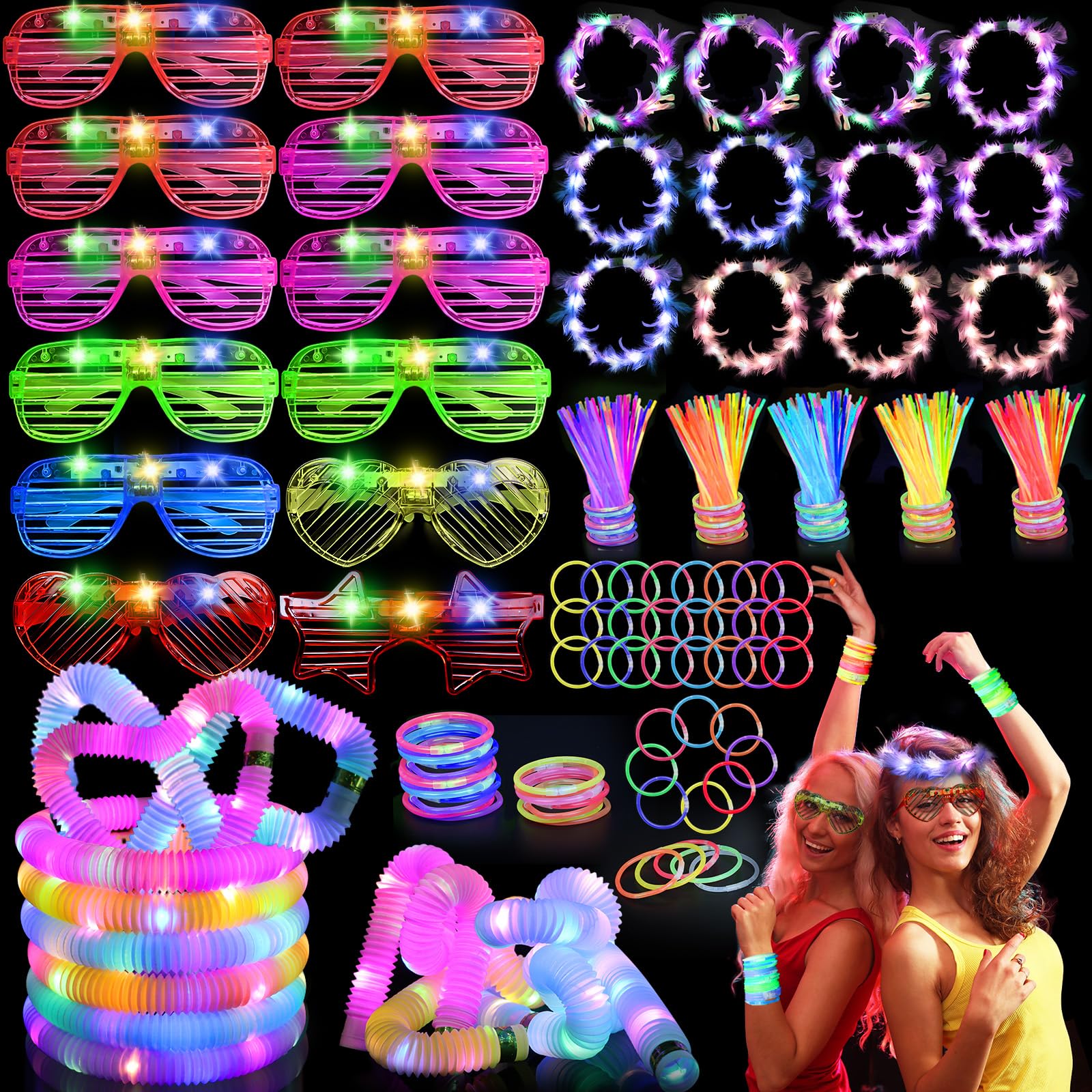 156 PCS Glow in the Dark Party Supplies, 12 Light Up Pop Tubes, 12 LED Glasses, 12 Light Up Headband, 20 Finger Lights and 100 G