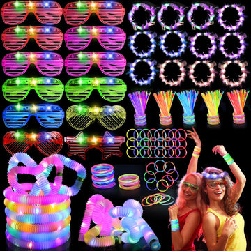 156 PCS Glow in the Dark Party Supplies, 12 Light Up Pop Tubes, 12 LED Glasses, 12 Light Up Headband, 20 Finger Lights and 100 G