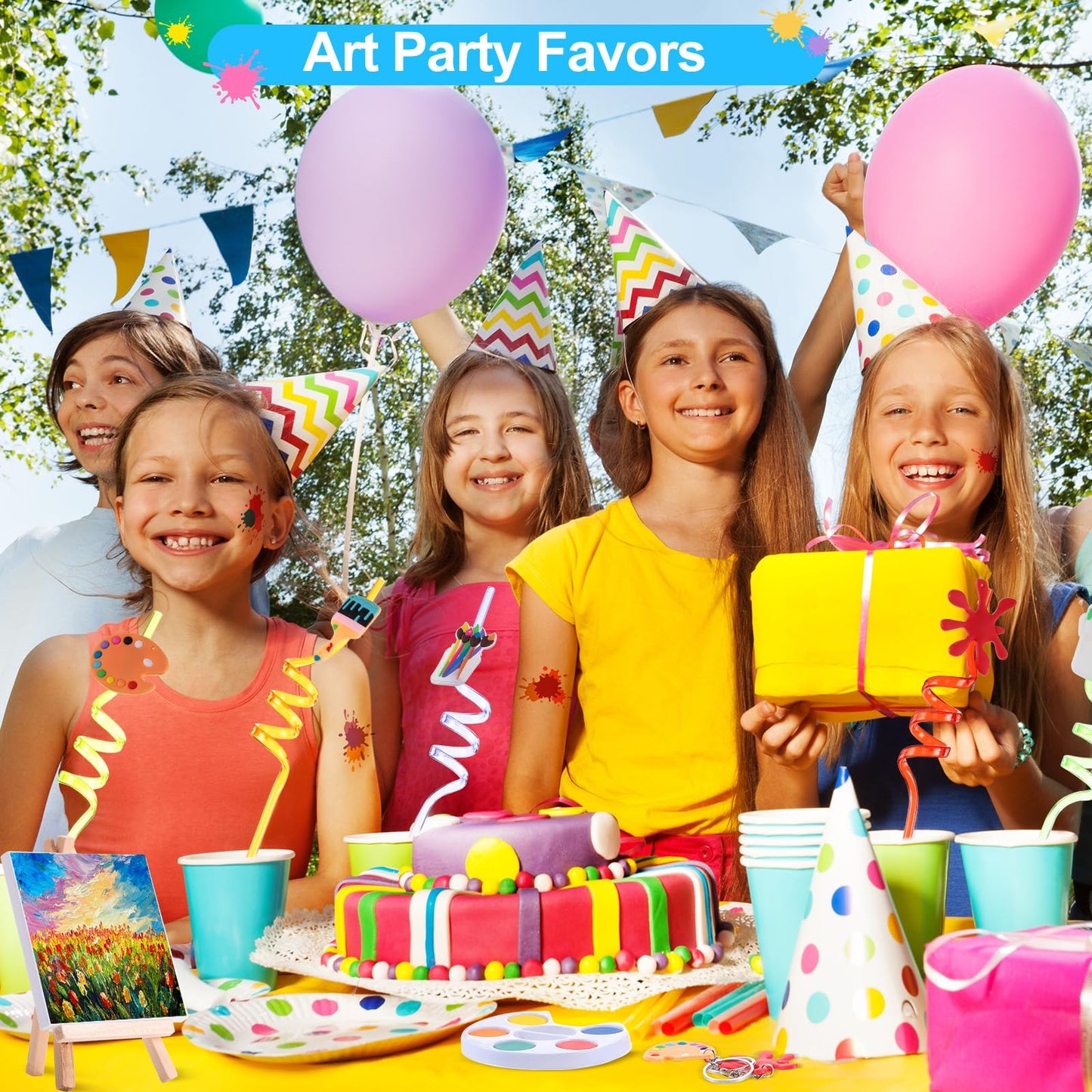 Zhanmai Paint Party Favors Kids Toddler Art Party Painting Canvas Watercolor Paints Art Painting Straws Keychain Temporary Tatto