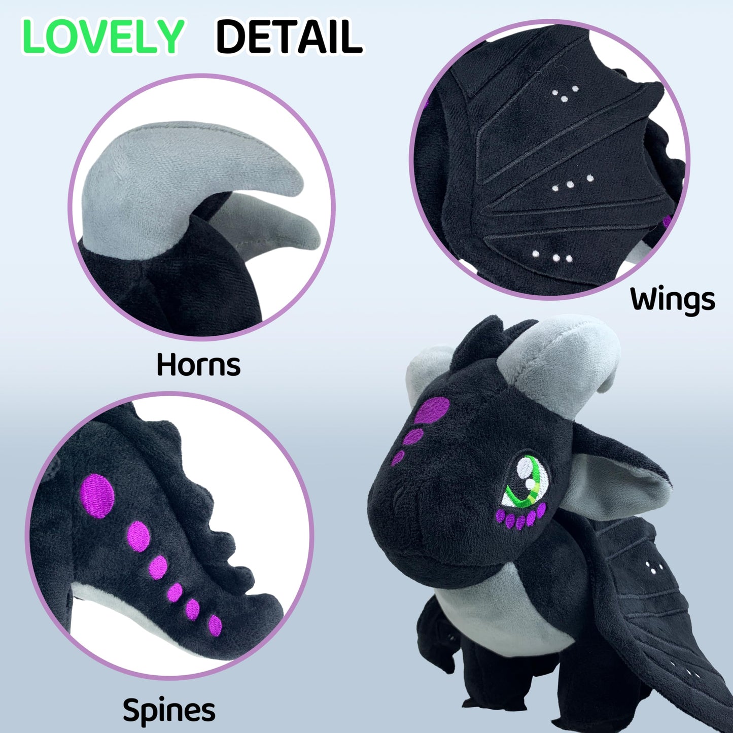 Kobataro Wings Dragon Plush Toys Stuffed Animal Plushies Cute Dragon Figure Merch Present For Kids Aged 3+ (Black)