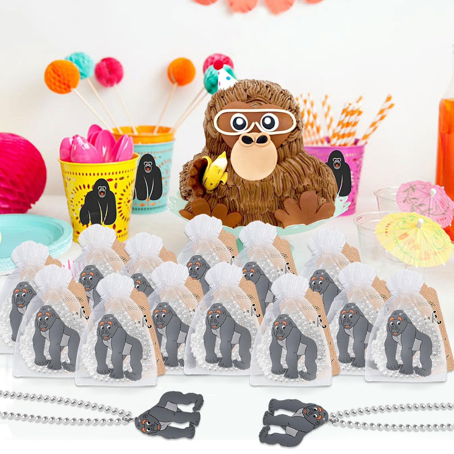 KeeStar 24 Pack Gorilla Necklace Party Favors for Safari Jungle Baby Shower, Birthday Party Goodie Bag Fillers, School Carnival