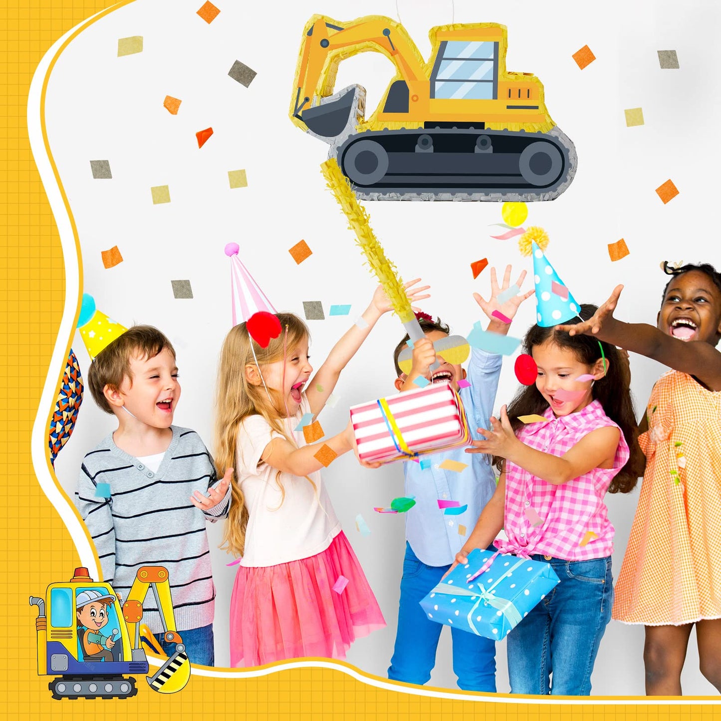 Lewtemi Digger Piñatas For Birthday Party Construction Excavator Piñata With Stick, Blindfold, Confetti For Adults Birthday Baby Shower Party Supplies