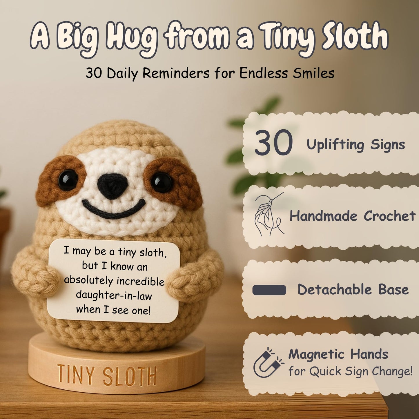 Daughter in Law Gifts - Handmade Crochet Sloth with 30 Cute and Uplifting Signs - Funny Present Ideas from Bonus Father or Mothe