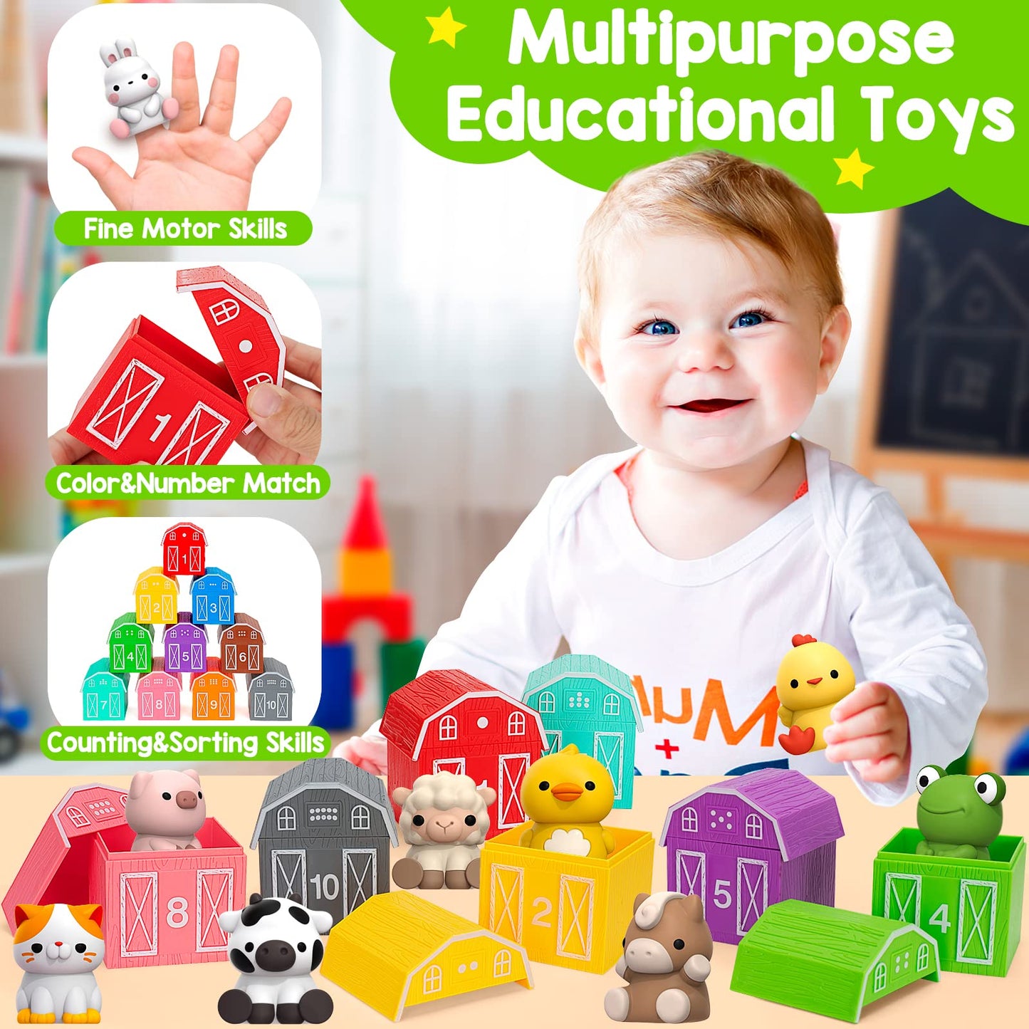 KMUYSL Farm Animals Playset for Toddlers, Multi-color, Medium Size, Educational Counting & Color Matching Toy for Ages 1-3