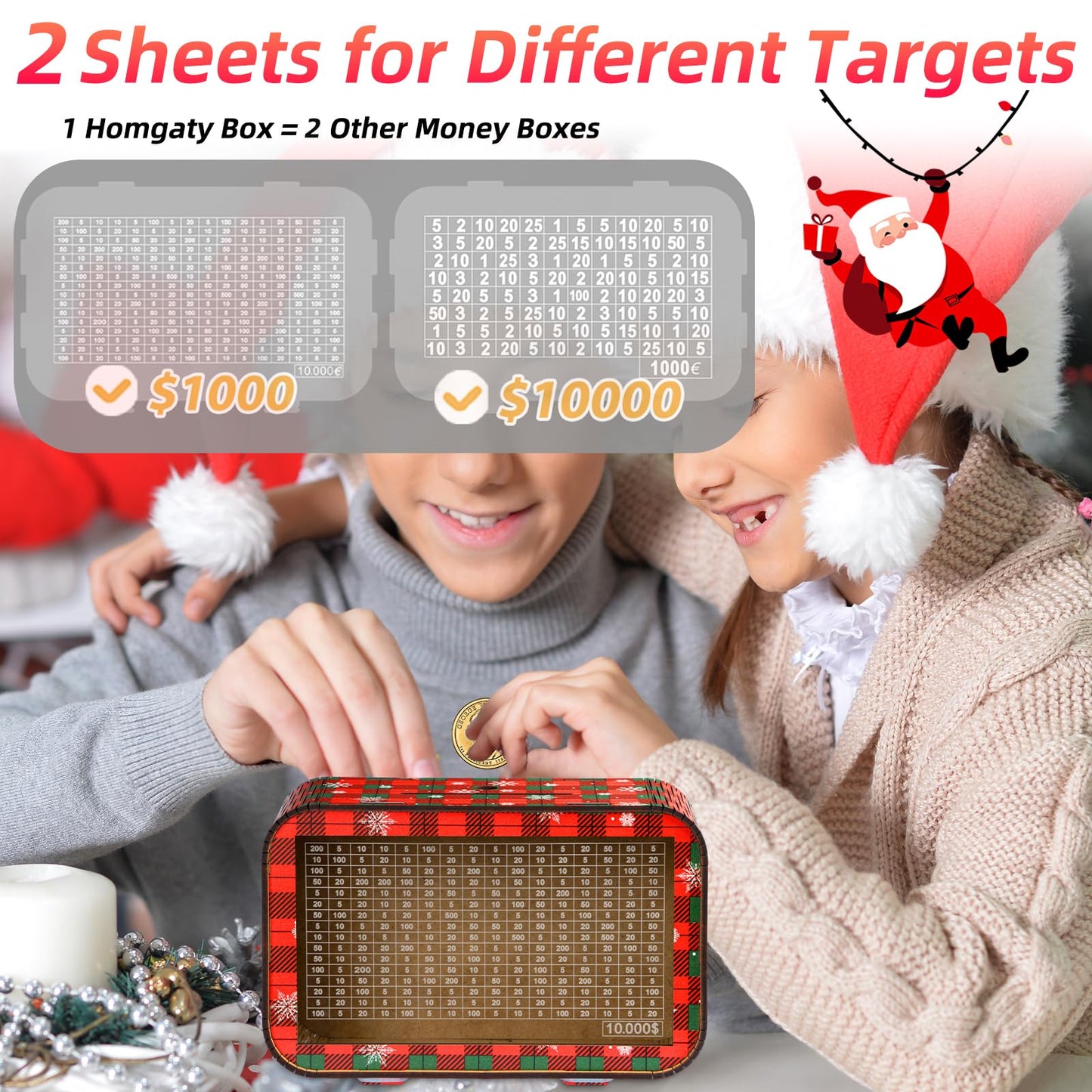 Giftota Christmas 2-In-1 Wooden Money Saving Challenge Box - Fully Assembled Piggy Bank (1000/10000) - Kakeibo Money Box With Co