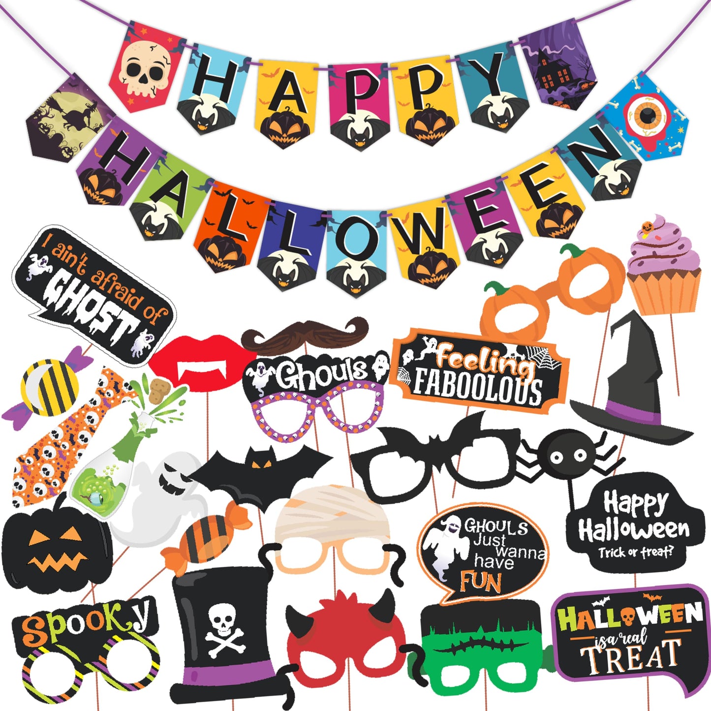 Wobbox Halloween Party Prop Photo Booth Props Diy Kit With Bunting Banner For Party Supplies Featuring Boo Pumpkin Ghost Hallowe