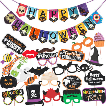 Wobbox Halloween Party Prop Photo Booth Props Diy Kit With Bunting Banner For Party Supplies Featuring Boo Pumpkin Ghost Hallowe