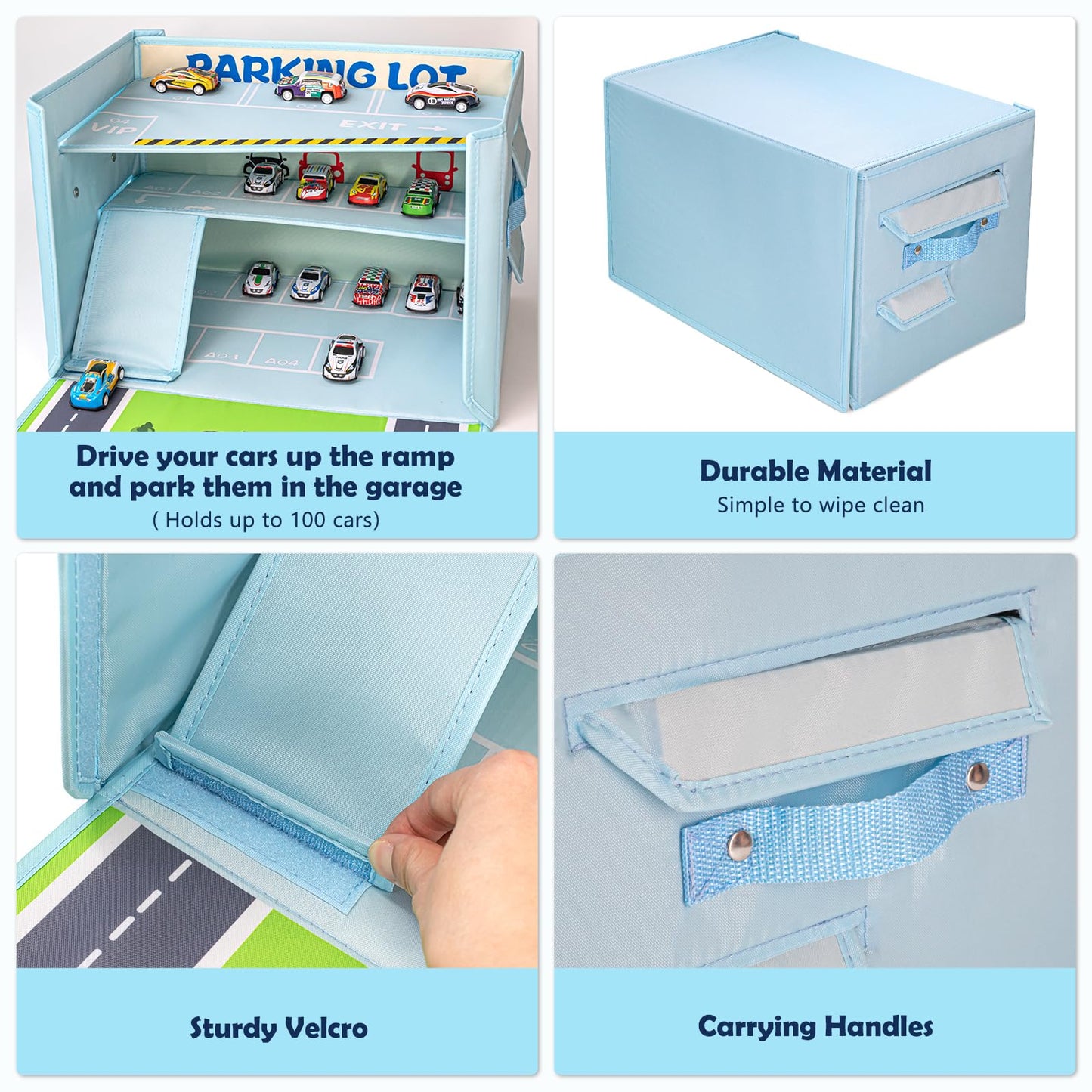 Livememory Toy Car Garage Box - Blue Fabric Storage with Play Mat (Cars Not Included)