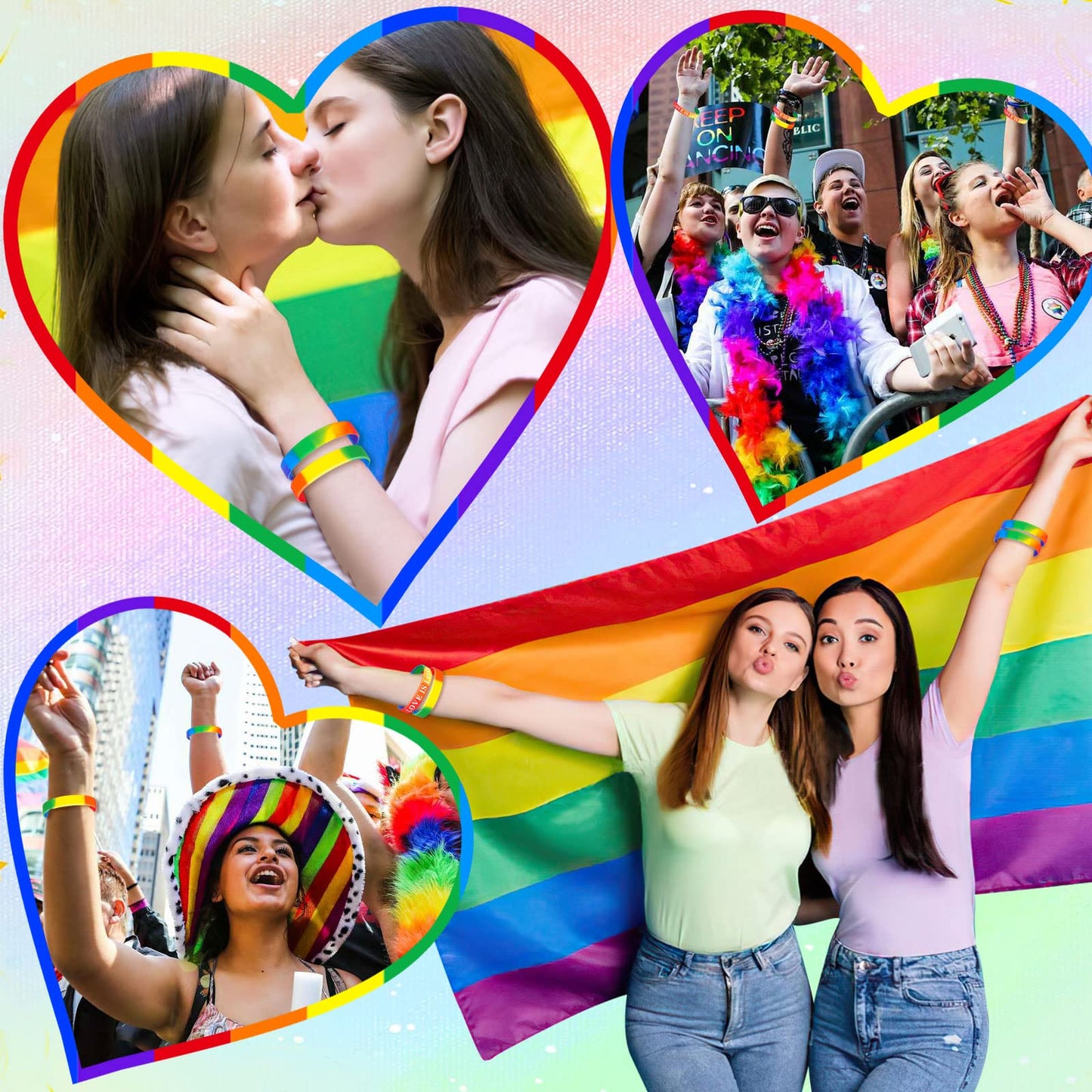 JUNEBRUSHS 42pcs Gay Pride Silicone Bracelets LGBT Sports Rubber Wristbands Accessories for Parades Decorations Party Favors