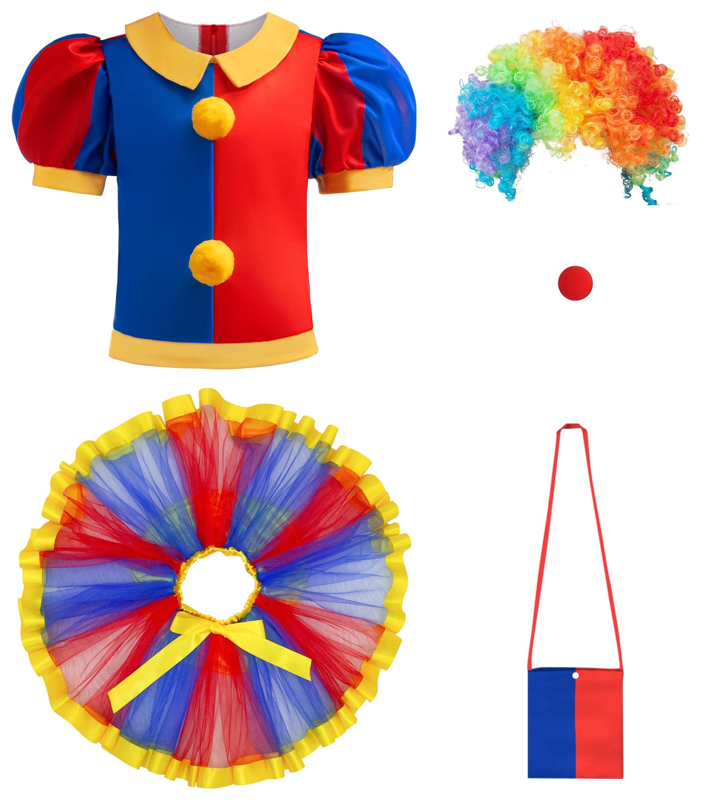 Miltrs Girls Clown Costume Dress Circus Cosplay Set Rainbow Tutu Skirt Clown Wig Hallowen Birthday Party for Girls