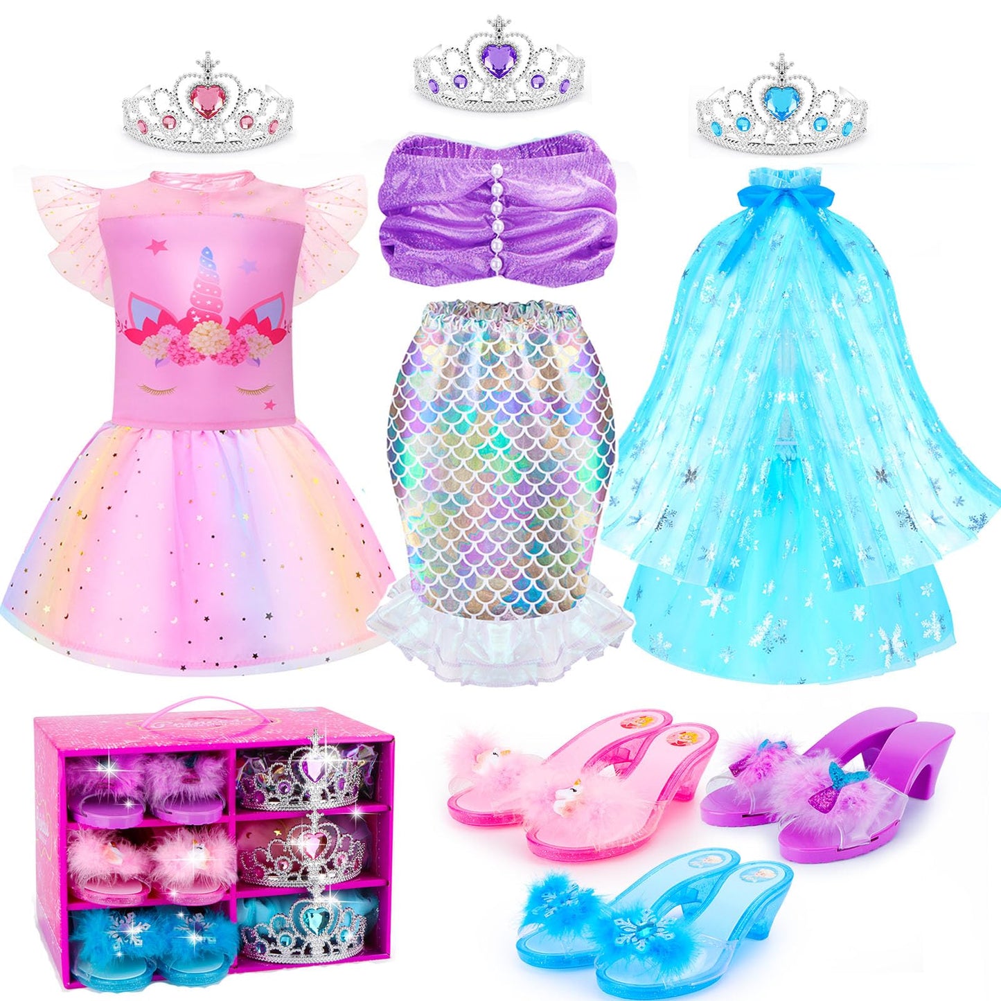 Unicorn Costume & Mermaid Costume For Girls,Blue Princess Dress Up Clothes With Top, Fairy Tutu, Shoes, Crown Toddler Role Play Toy For Halloween Christmas Birthday Party Toys 3 4 5 6 Years