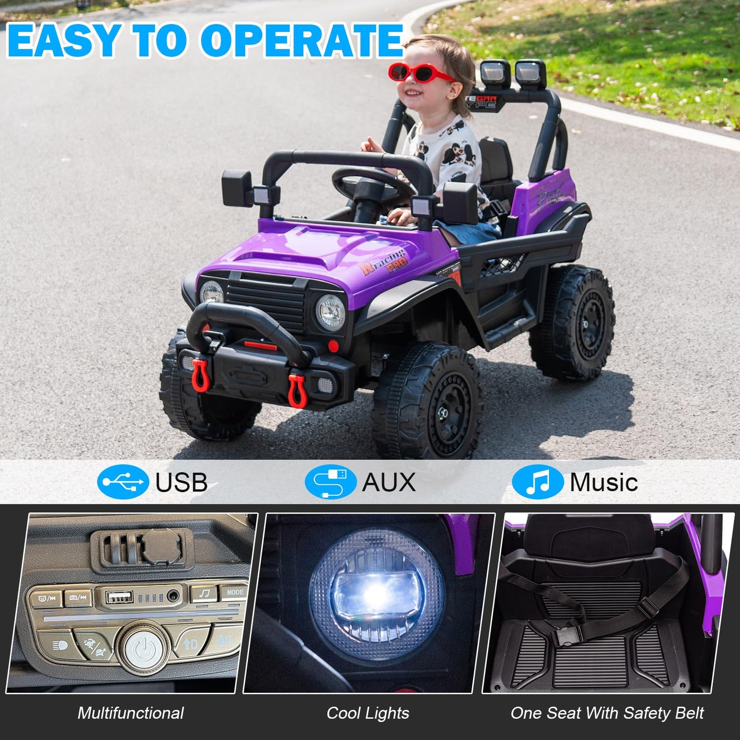 RunFast 24v Kids Ride on Car with Parent Remote Control Electric Ride on Toys for Kids 3-5 3.7mph Max Speed Battery Powered Large Seat with Safety Belt Aux Port Gift for Boy&Girl (Purple  24V)