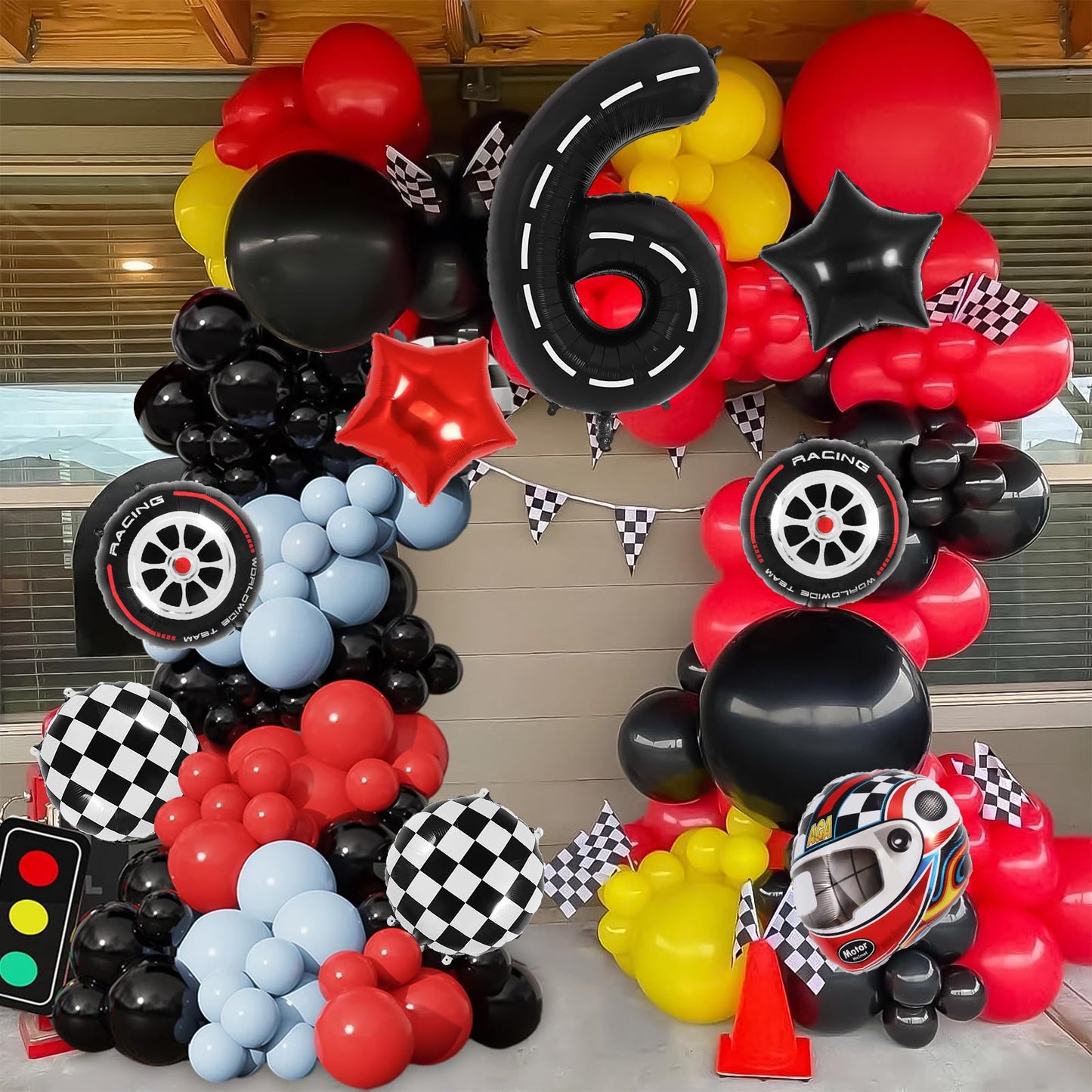 Race Car 6 Balloons, 40 Inch Racetrack Number 6 Balloon, Large Foil Mylar Racetrack Black 6 Balloon For 6 Year Old Birthday Race