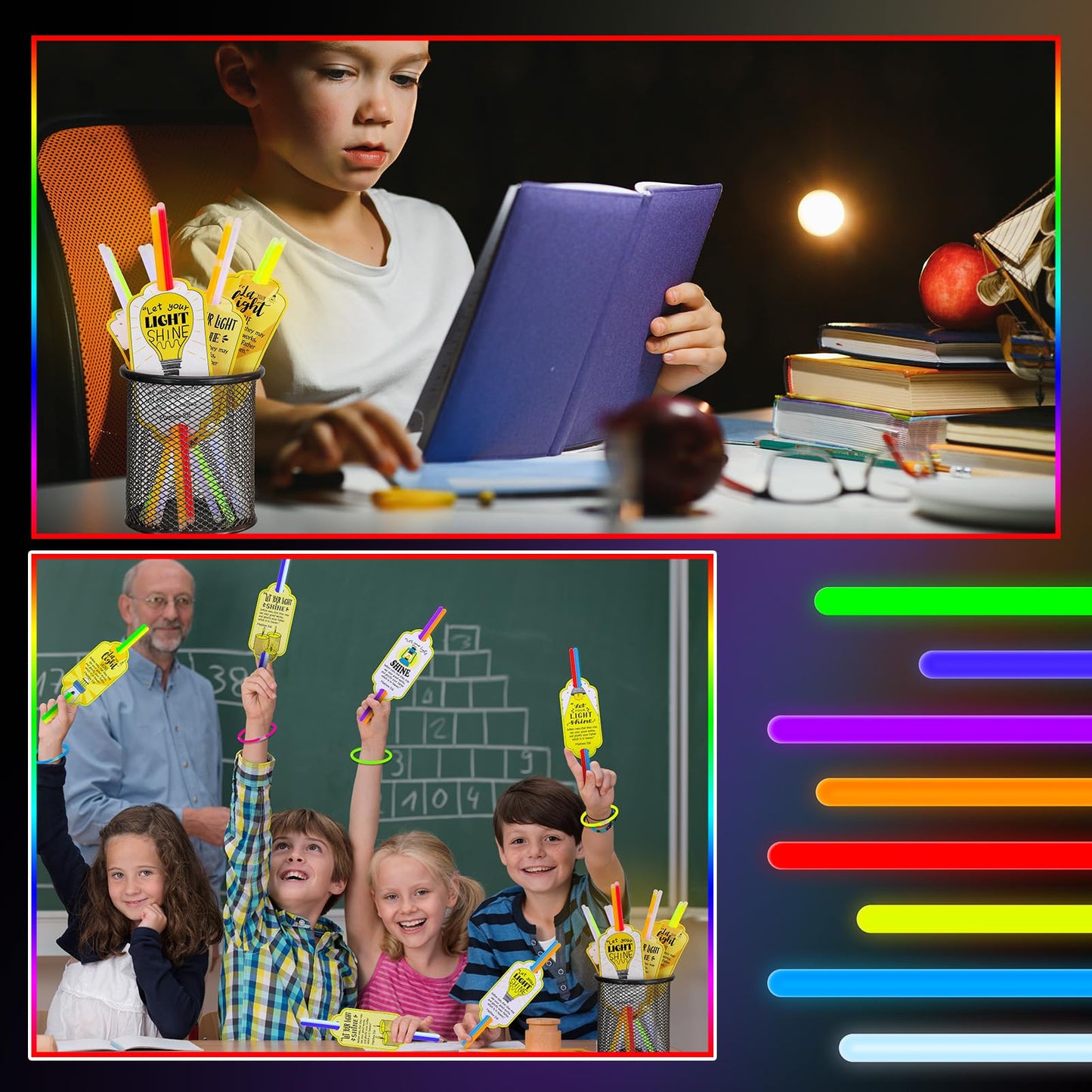 MiniInflat 50 Sets Christian Let Your Light Shine Glow Sticks with Cards Gift for Kids Include 50 Religious Mattehew 5:16 Gift T