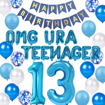13Th Birthday Decorations Blue For Boys, Omg Ur A Teenager Happy 13Th Birthday Banner Blue Number 13 Star Foil Balloons With Blu