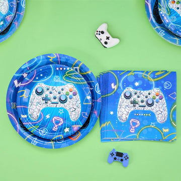 Wernnsai Video Game Party Supplies - 48 Pcs Gamer Theme Party Tableware Set Gaming Birthday Party Decorations Dinner Plates Paper Napkins For Family Gaming Night Boys Birthday Serves 16 Guests