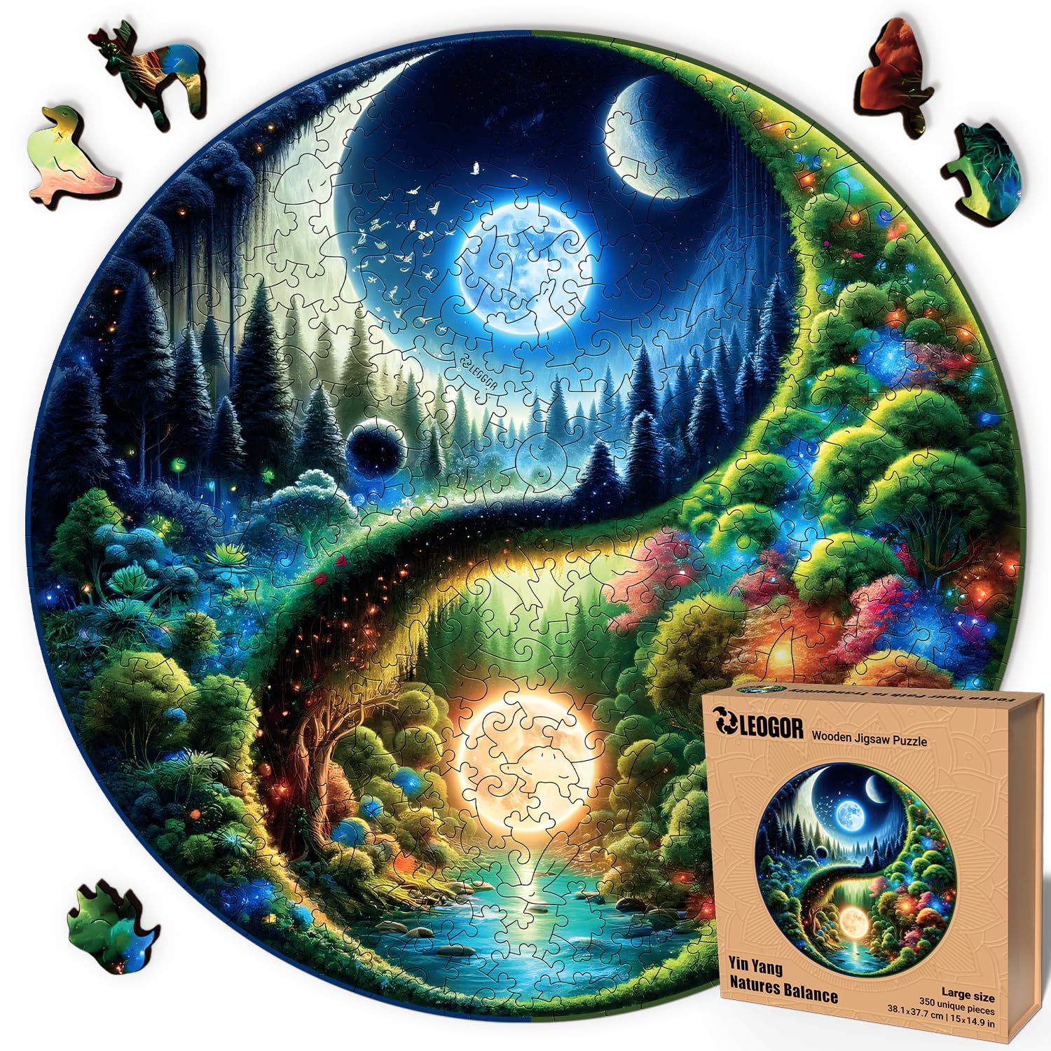 Yin Yang Natures Balance - 350 Piece Wooden Puzzles for mature-themeds - 15 x 14.9 in - Extra-Thick 5 mm Wood Puzzle  Hand-Shaped Pieces  Round Mosaic Design - enhanced Gift for Puzzle Lovers by LEOGOR
