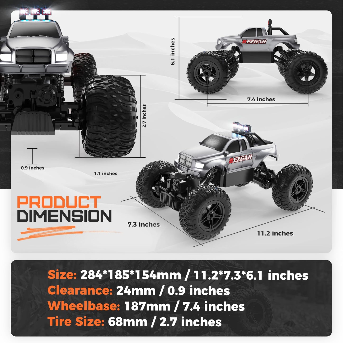 BEZGAR 1:14 Scale All Terrain Electric RC Truck - Waterproof Monster Truck for Kids with 2.4GHz Remote and Rechargeable Battery,