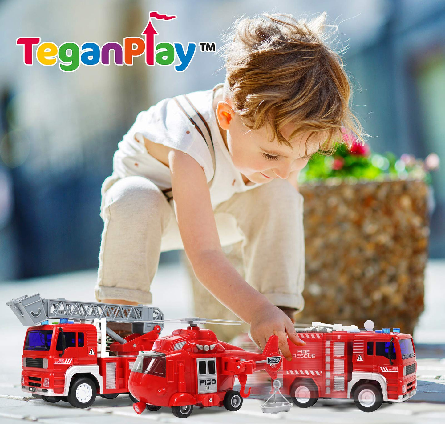 TeganPlay Fire Truck 3 Pack Friction Powered Fire Rescue Vehicle Car Set with Lights and Sounds Including Helicopter, Firefighte