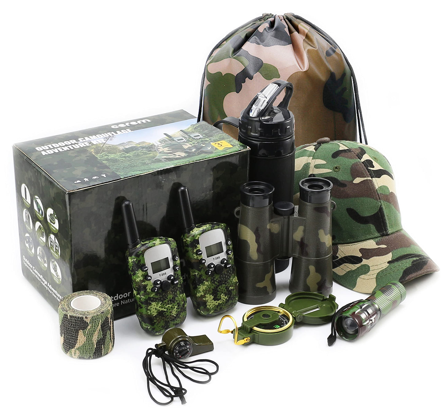 CEREM Outdoor Adventure Kit for Kids - enhanced Camouflage Camping Gear with Walkie-Talkies - Military Style Toys - Explorer Gear Play Set - 10 in 1 Bundle - Ideal for All Ages and Genders