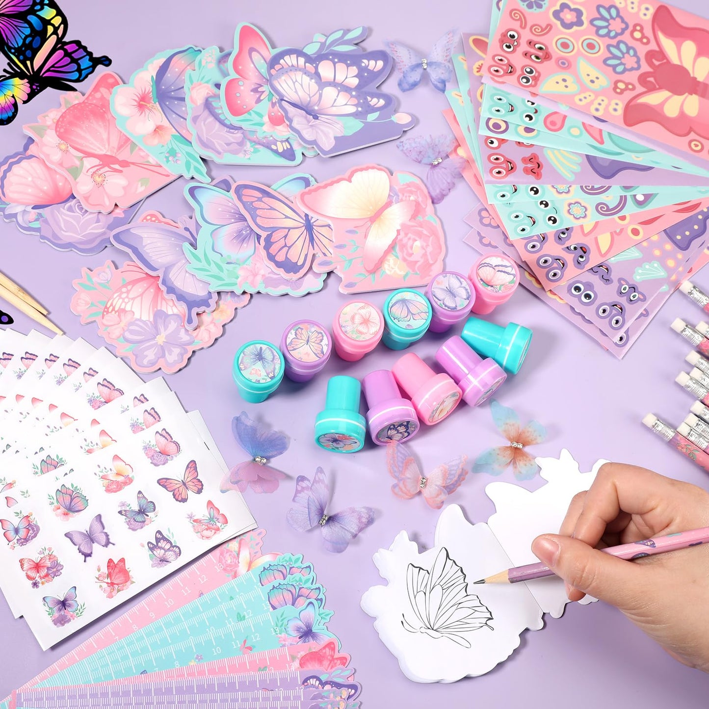 BenLouis 108Pcs Butterfly Party Favors Butterfly Fairy School Stationery Set Bulk for Kids Spring Flower Tea Birthday Birthday G