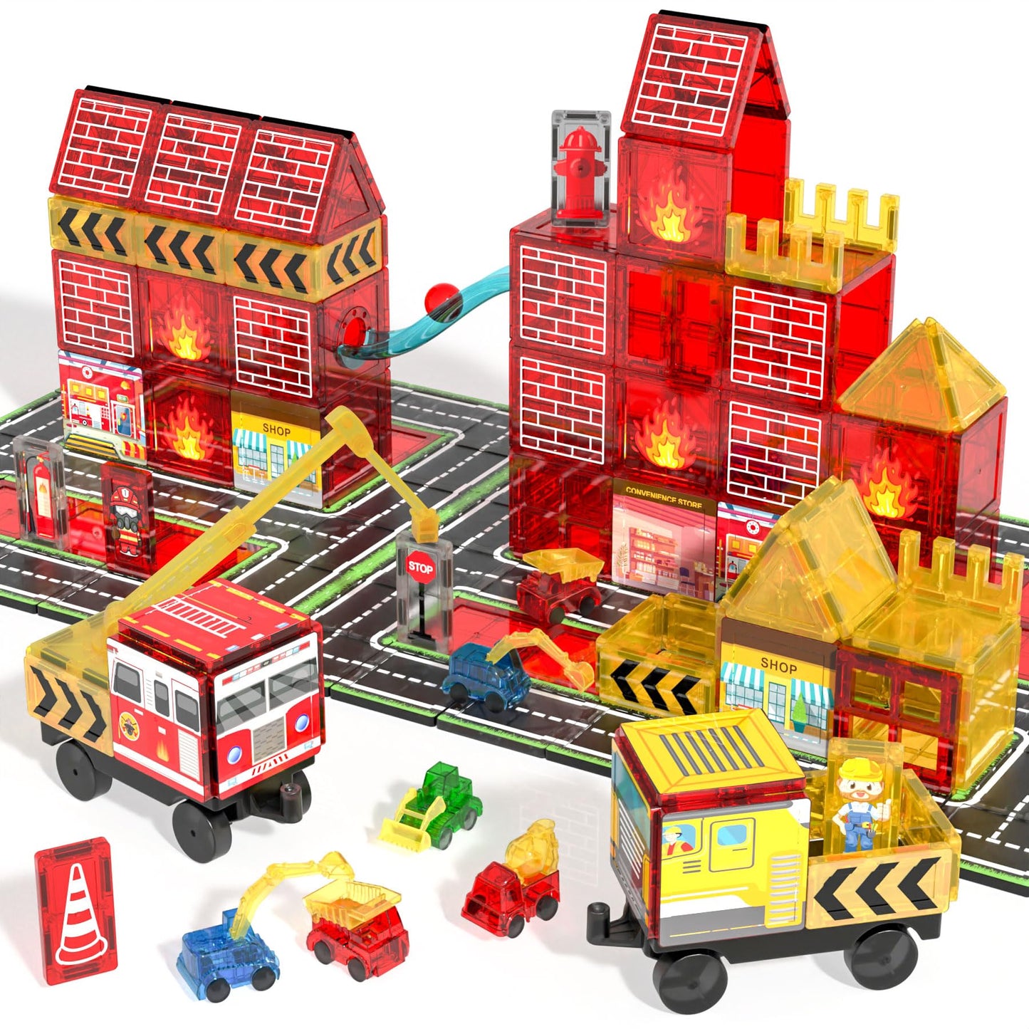 Magnetic Tiles For Kid, Construction Magnet Tiles With Fire Truck & Station, Building, Road, Crane, And Car Toys - Educational T