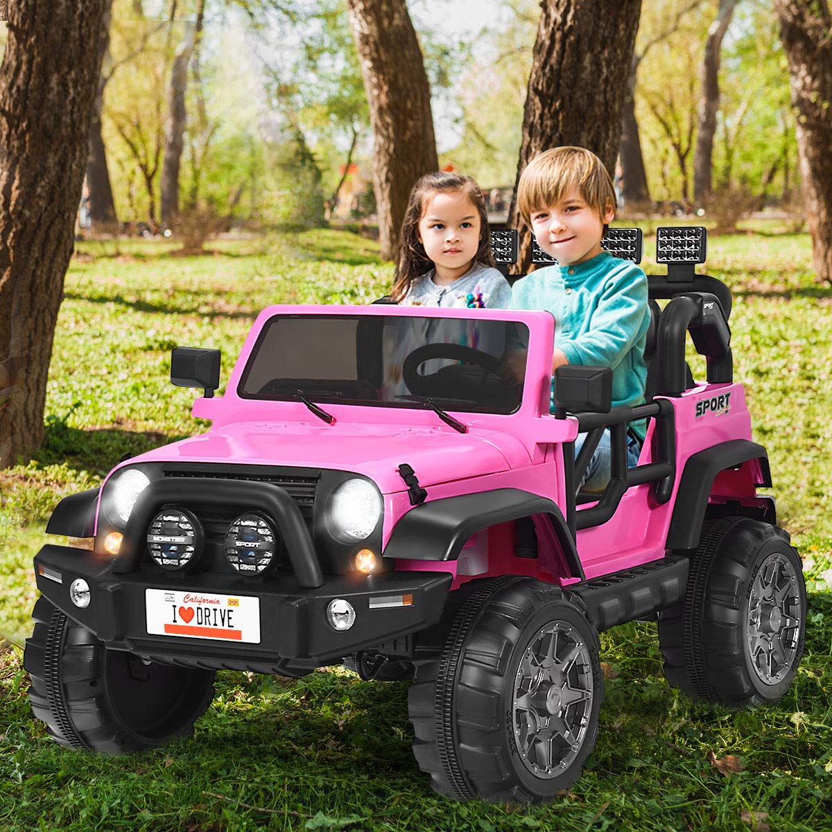 Costzon 2-Seater Ride On Truck, 12V Battery Powered Electric Vehicle Toy W/Remote Control, 3 Speed, Led Lights, Mp3, Horn, Music, 2 Doors Open, Spring Suspension, Ride On Car For Kids (Pink)