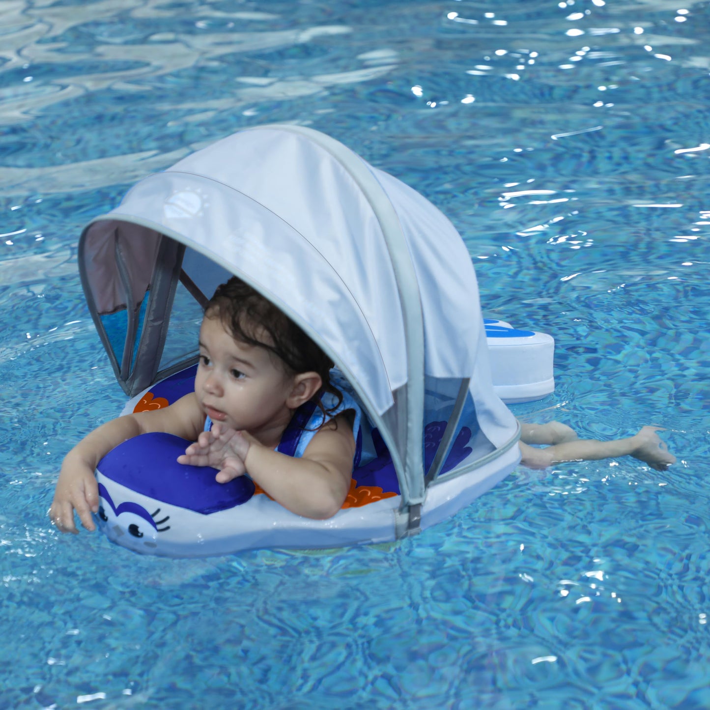 Luckclubtojoy Mambobaby Float with Canopy UPF 50+, Solid Non Inflatable Baby Pool Float with Tail, Infant Waist Swim Ring Swim T