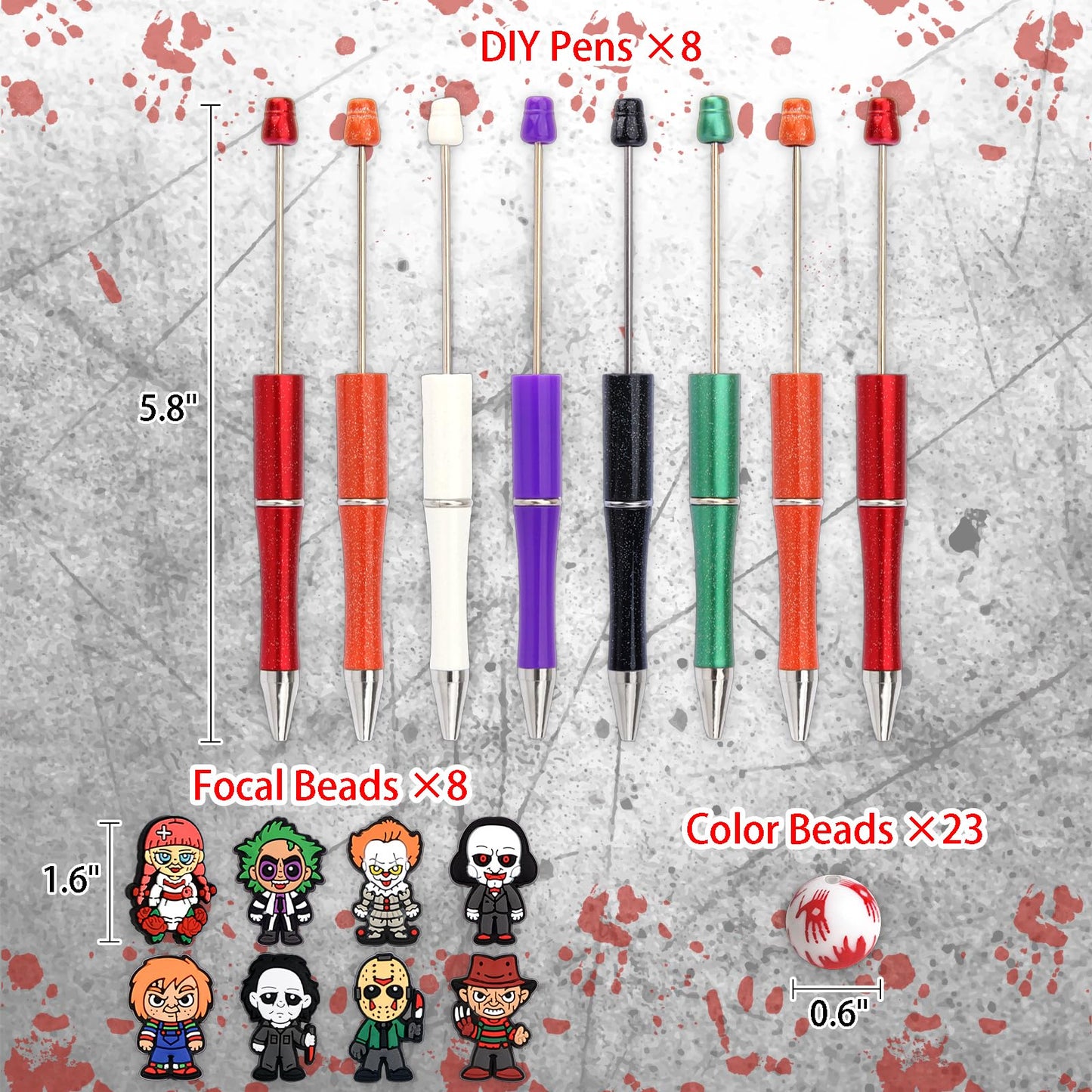Uywgaun 8Pieces Halloween Beadable Pens Kit Horror Silicone Focal Beads for Pens DIY Ballpoint Pen Beadable Items - DIY Making K