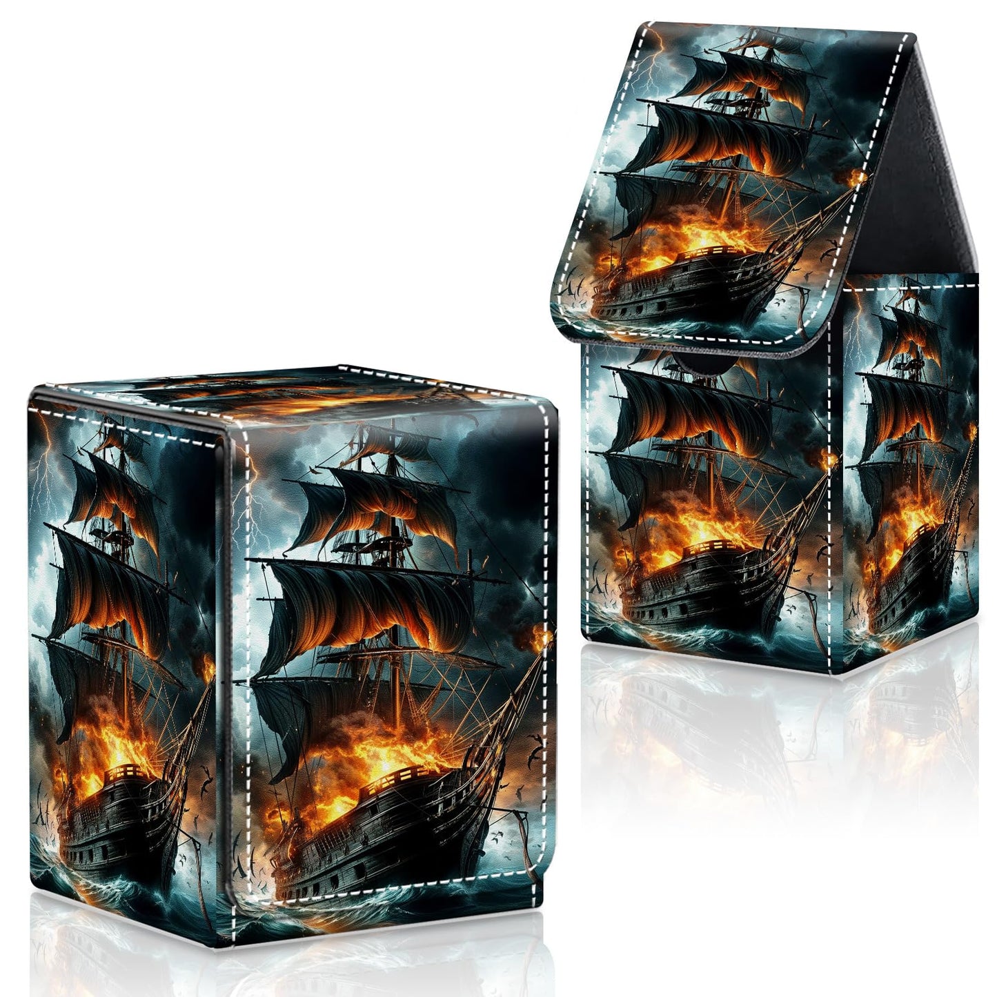 CAPAUNVDA Card Deck Box for MTG Commander Trading Cards with Magnetic Closure enhanced Card Storage Box Case Cover for MTG TCG CCG Magic Cards Pirate Ship Fire