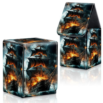 CAPAUNVDA Card Deck Box for MTG Commander Trading Cards with Magnetic Closure enhanced Card Storage Box Case Cover for MTG TCG CCG Magic Cards Pirate Ship Fire