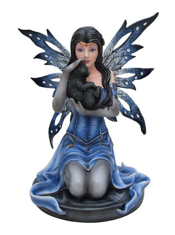 Ptc 8.5 Inch Blue Winged Mystical Fairy Cradling Cat Statue Figurine