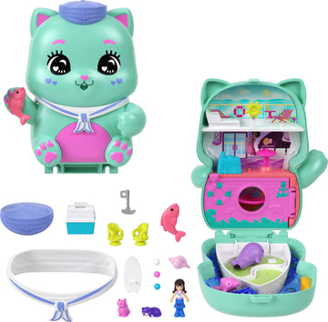 Polly Pocket Dolls And Playset, Set Sail Kitty Compact, Travel Toy With 1 Micro Doll, Pet Cats, Food & Fashion Styling Accessori
