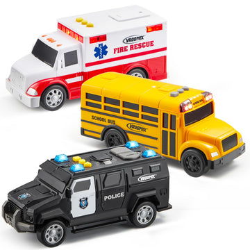 VROOMIX 3-Pack Emergency Vehicle Toy Set - Friction Powered Police Car, Ambulance & School Bus with Lights & Sounds for Kids