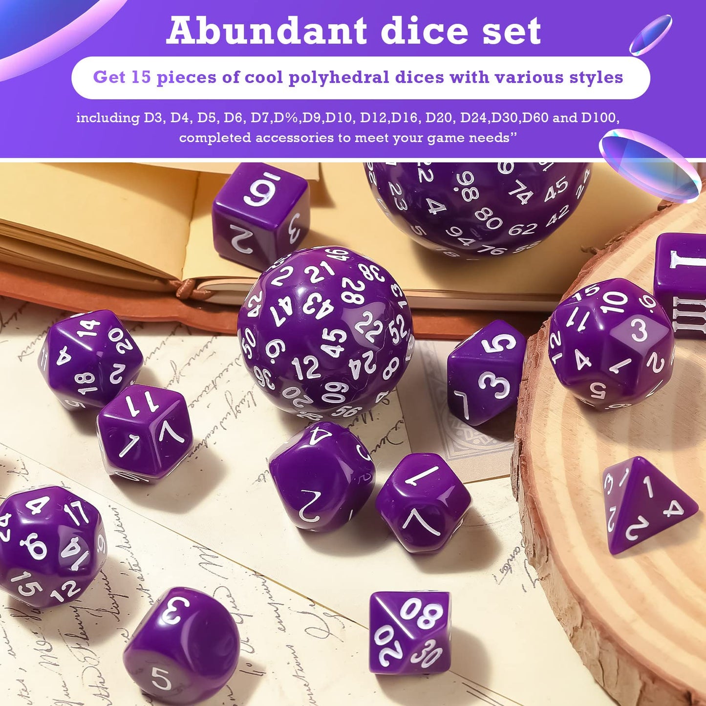 Civaner 15 Pcs Complete Polyhedral Dice Set D3-D100 Spherical RPG Dice Set in Opaque Black, 100 Sides for Role Playing Table Gam