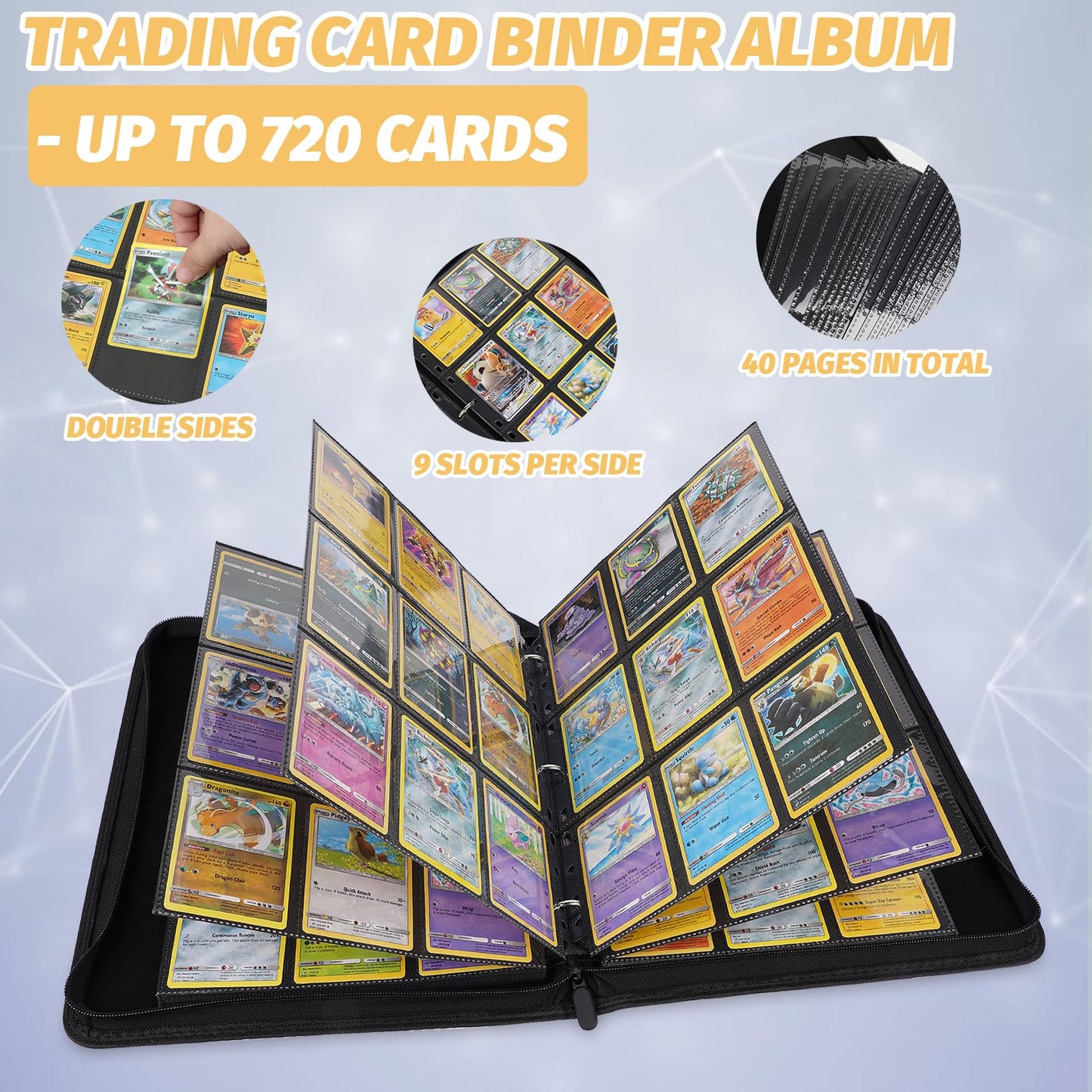 GERMUN Trading Card Binder  enhanced 9 Pocket Card Binder  720 Double Sided Pocket PU Collection Binder  Collector Album  Card Holder for MTG  TCG  Sports Cards (Diamond Black)