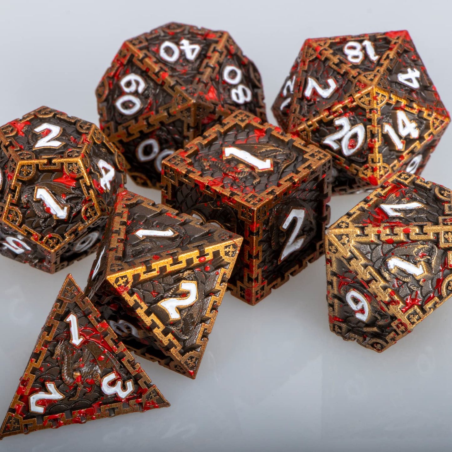 ARUOHHA 7PCS DND Metal Dice Set Antique Gold Blood Polyhedral Dice Set with Gift Box, Large D&D Dice for Dungeons and Dragons RP