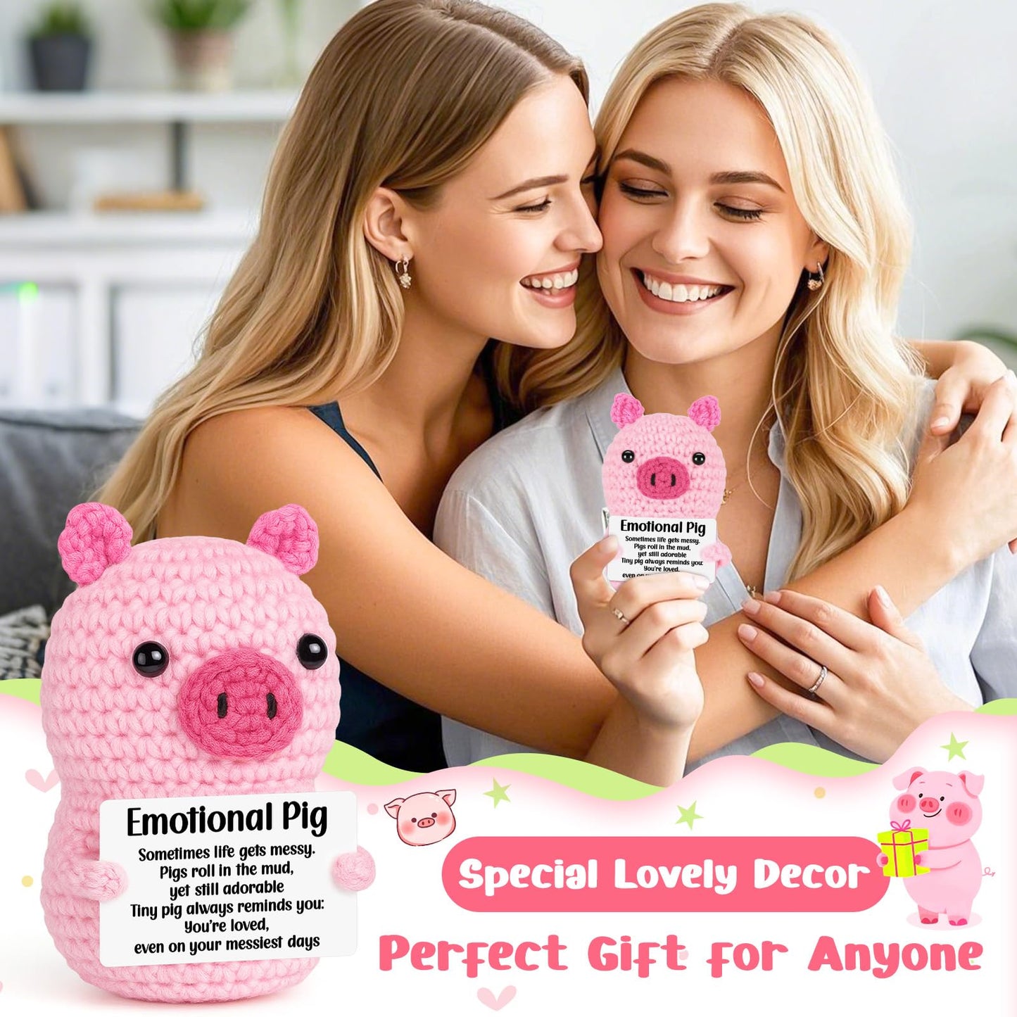 GevGuxLuo Positive Crochet Pink Pig - Handmade Cotton Gift with Affirmation Cards for Women, Friends, Sisters, Daughters, Teens