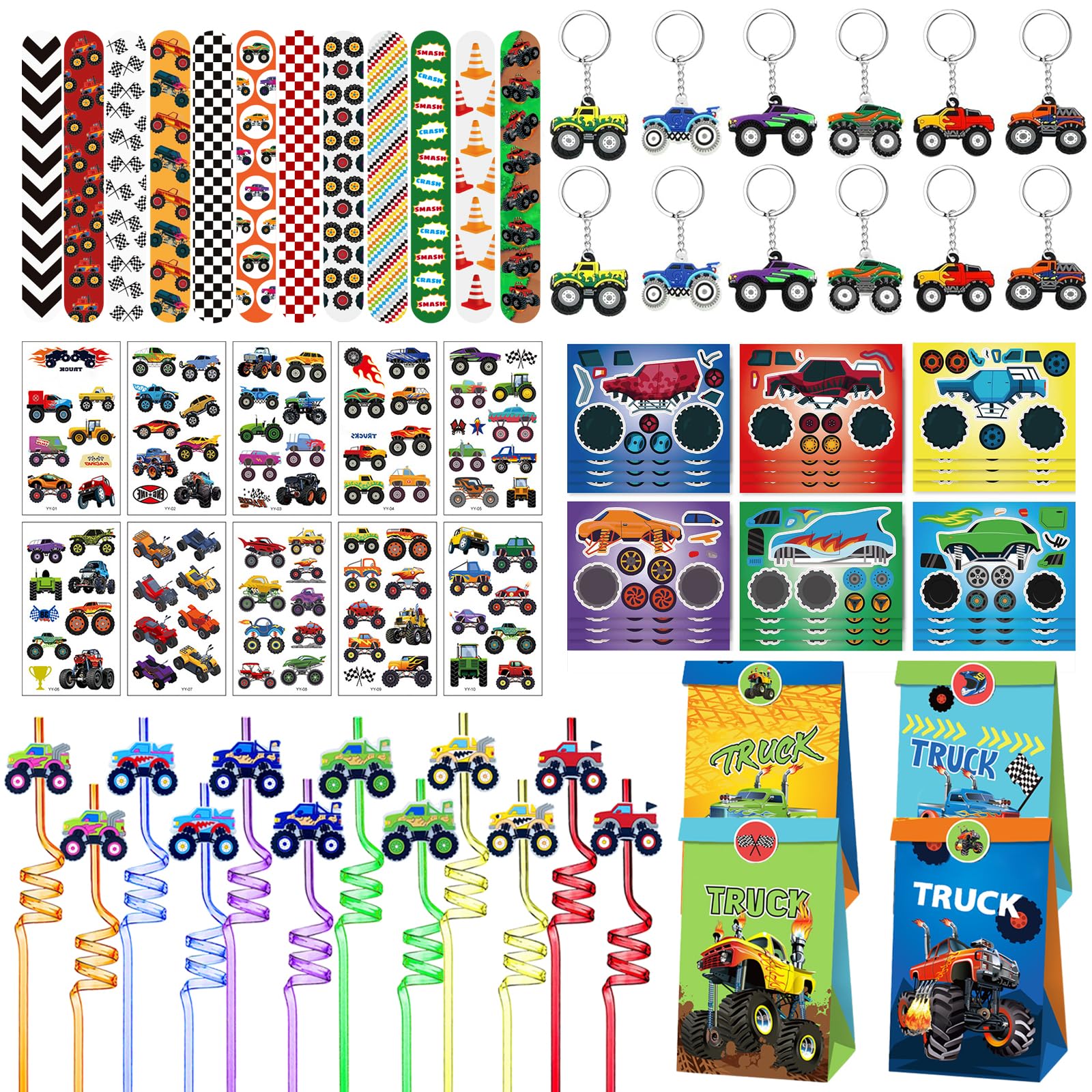 Xipegpa Truck Car Party Favors Set Truck Cars Keychains Slap Bracelet Diy Stickers Straws Car Bags For Kids Truck Car Themed Birthday Party Supplies Goodie Bag Fillers (Truck Car)