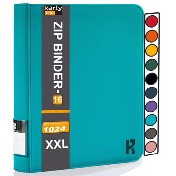 KarlyPro enhanced 1000+ Pockets Card Binder  16-Pocket Ringless Trading Card Album Folder Tag Design -Double Side Loading UltraSonic-32 1024 Tech Zip Binder for TCG-Teal