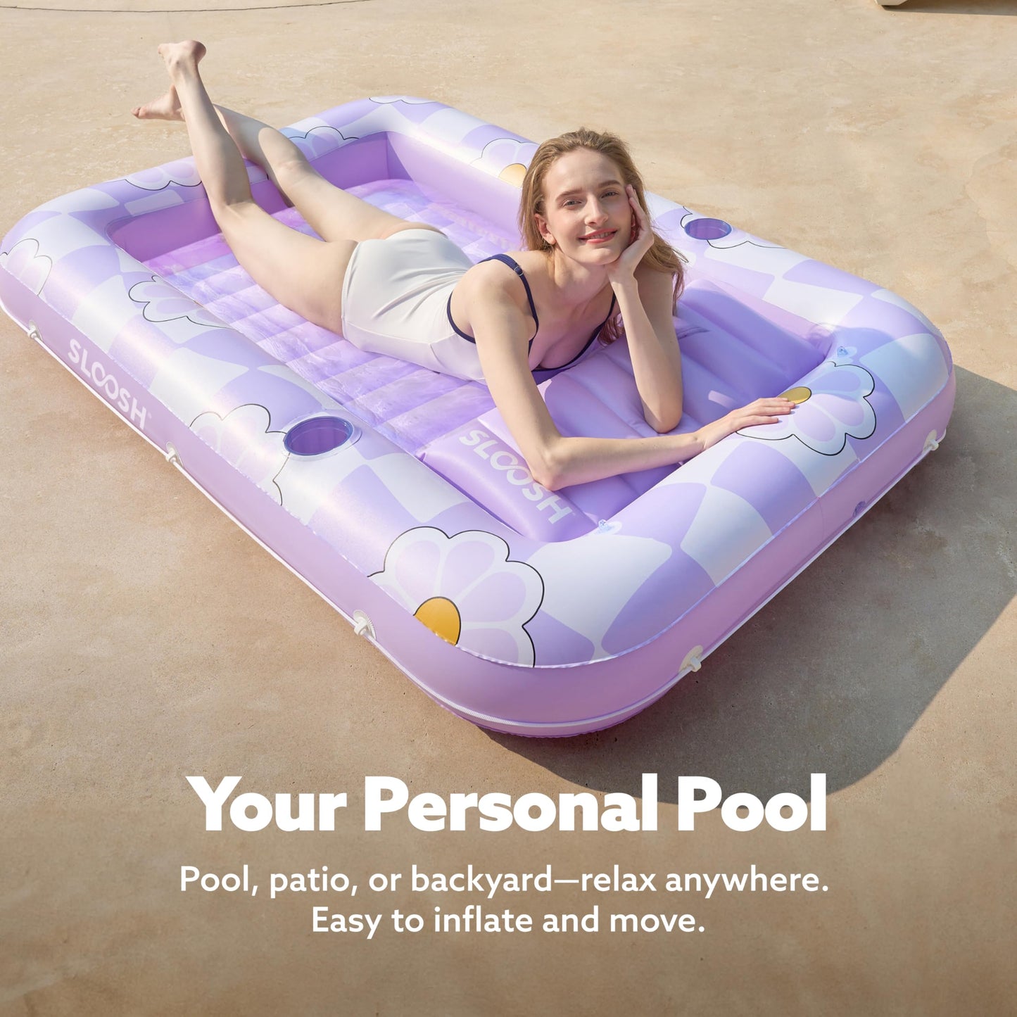 SLOOSH Inflatable Tanning Pool Lounger Float  70 x 46 Pool Floats mature-themed with Pillow  4 in 1 Suntan Tub Raft Floatie Sunbathing Bed Lounge for Water Blow Up Ball Pit Party Gifts  Purple Chase Flower