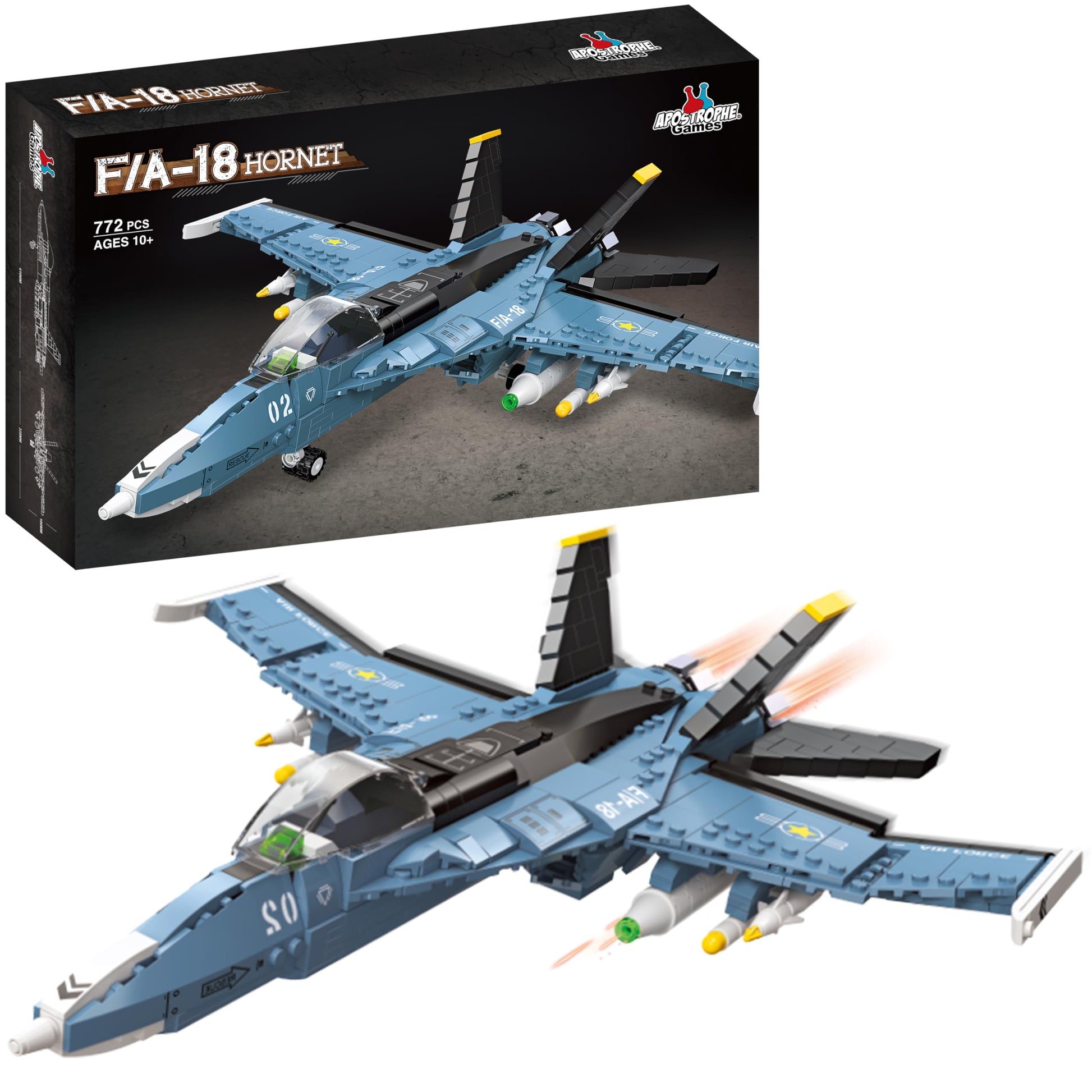 Apostrophe Games F/A-18 Hornet Fighter Jet Building Block Set - 772 Pcs - F-18 Air Force Jet Building Block Plane Toy for Kids O