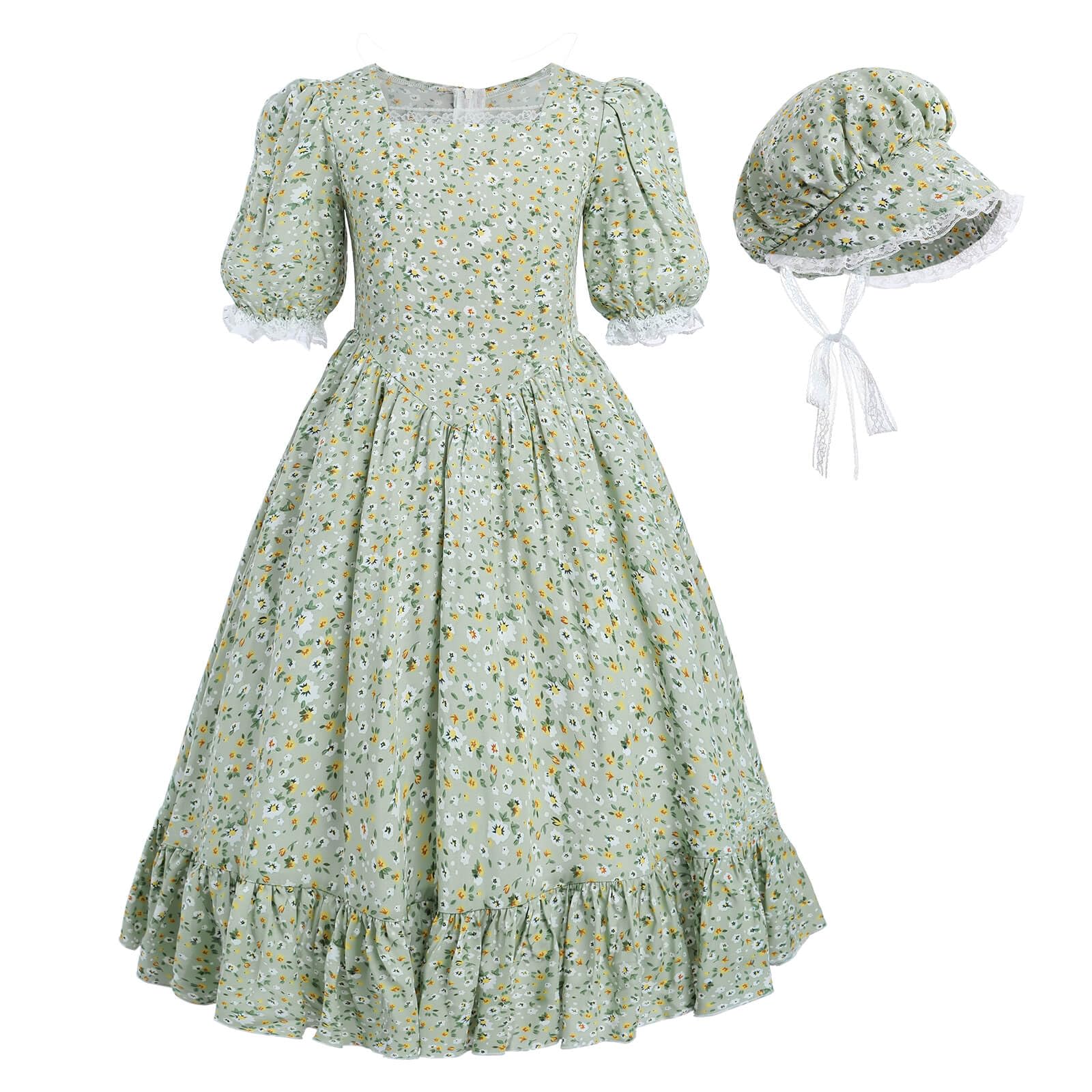 Nuoqi Prairie Dresses for Girls, Girls Laura Ingalls Wilder Costume Pioneer Colonial Dress 8-9, Green