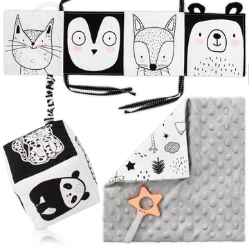 The Ultimate Tummy Time Toys Set Of 3 - Soft High Contrast Book, Toy Block, Crinkle Paper And Teether - Stimulating Black & White Sensory Development Toys For Newborns & Infants 0-3, 0-6 Months