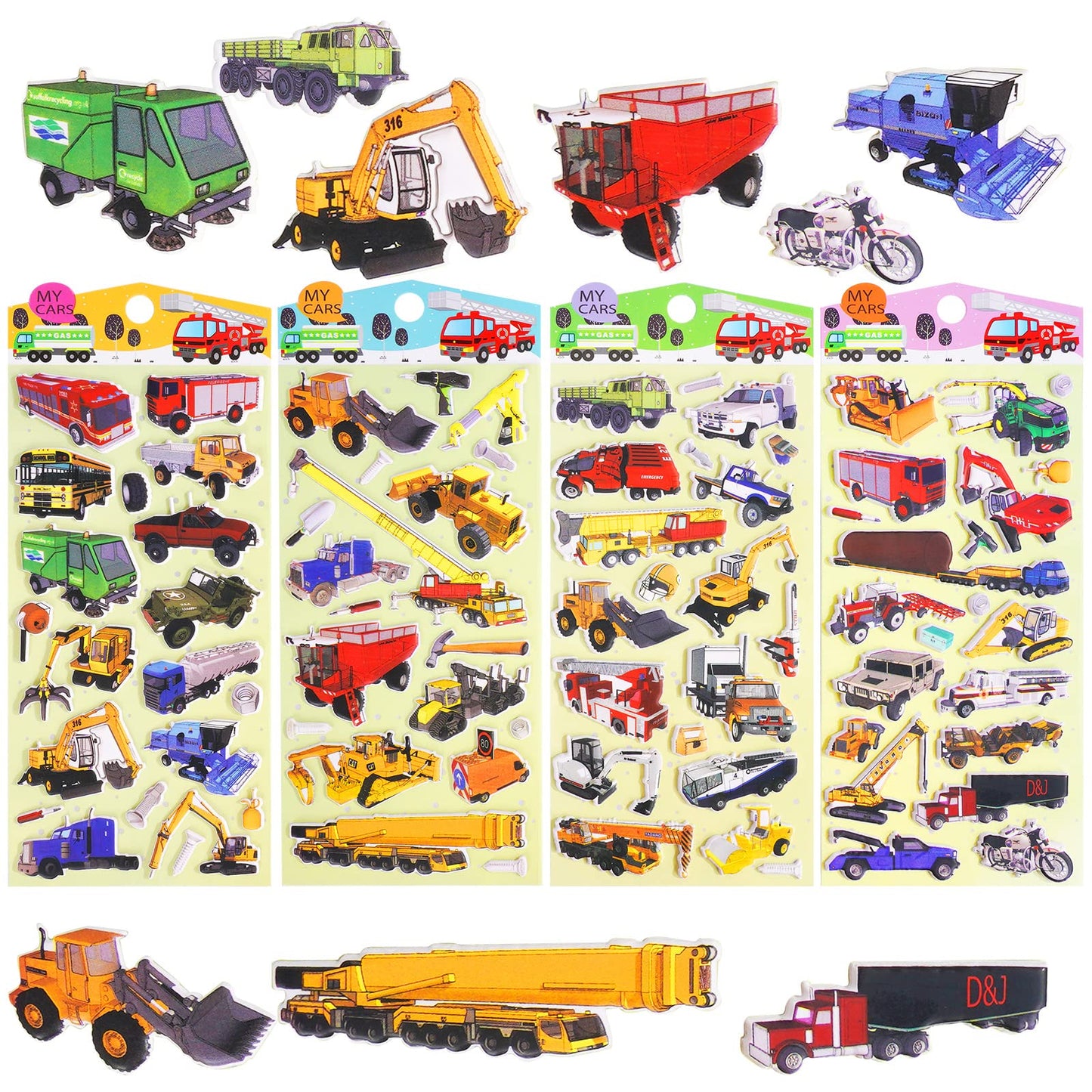 3D Puffy Vehicle Stickers For Kids Toddlers, 4 Packs Cute Truck Stickers For Boys, Reusable Squishy Stickers Window Clings With