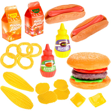 PowerTRC 26 Pc Deluxe Kids Fast Food Play Set - Pretend Burger, Hot Dog, Potato Chips, Onion Rings, Corn & More, Cooking Play Se